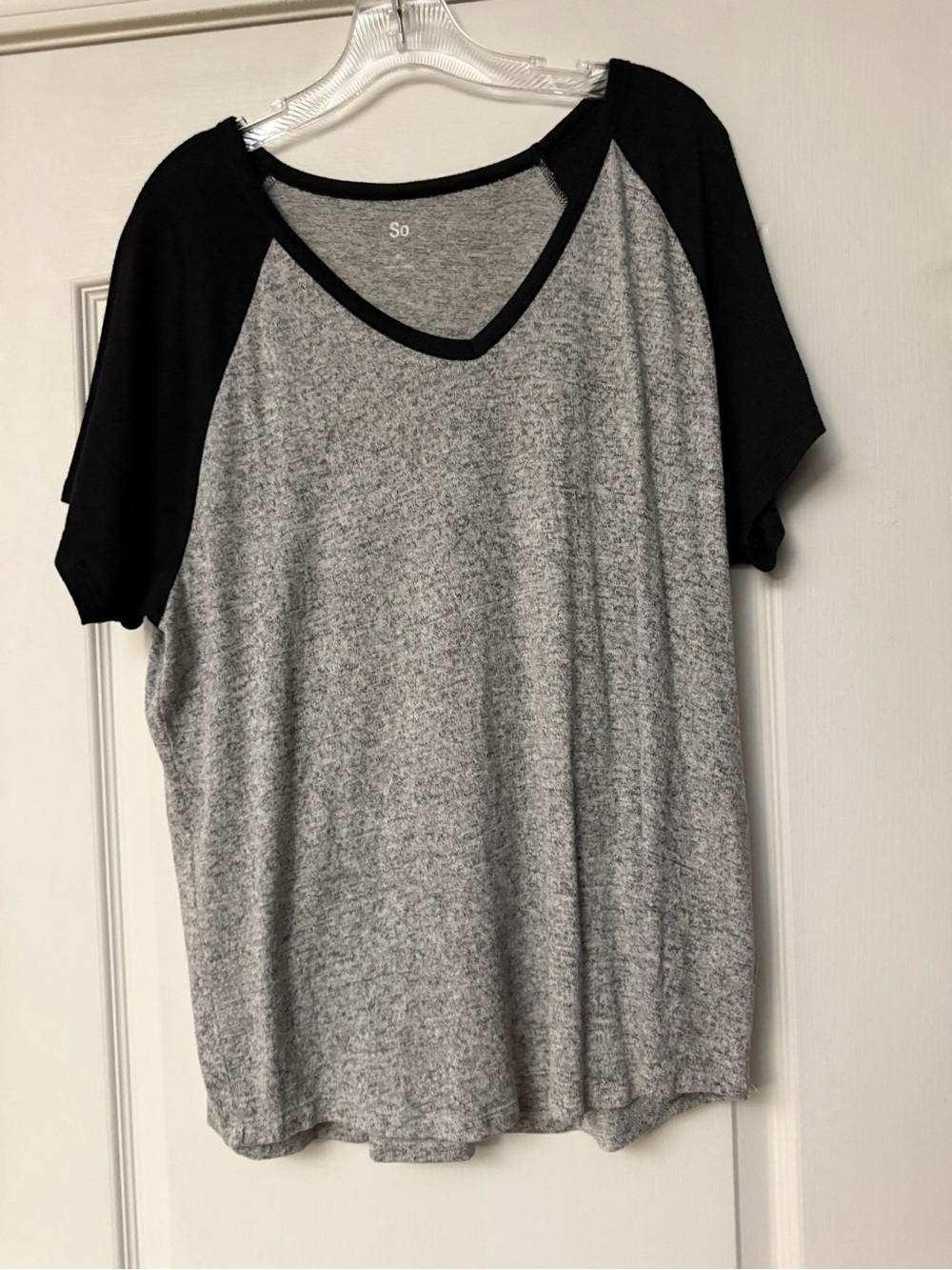 SO Heather Gray Body with Black Raglan Short Sleeve V-Neck Top